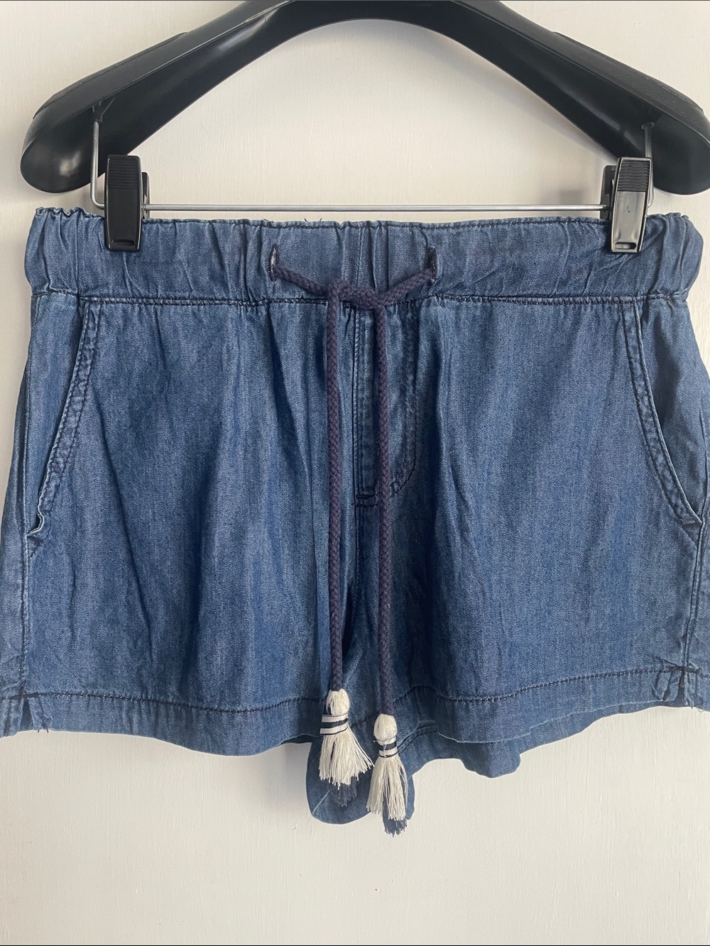 Rewash Chambray Denim Drawstring Shorts with Tassels